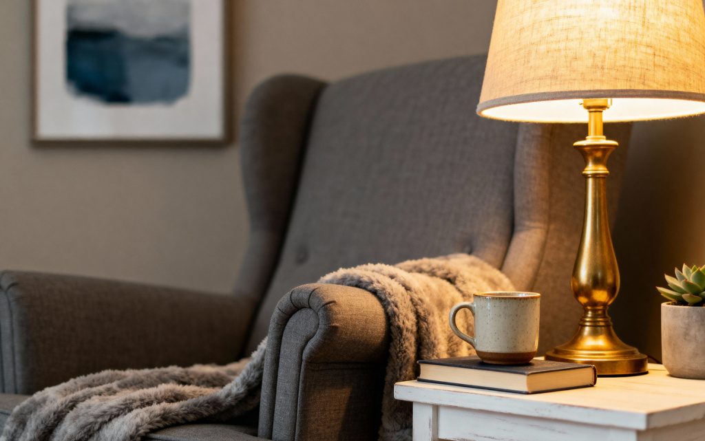 Warm lamplight and a neat corner suggesting a calm wind-down space at home